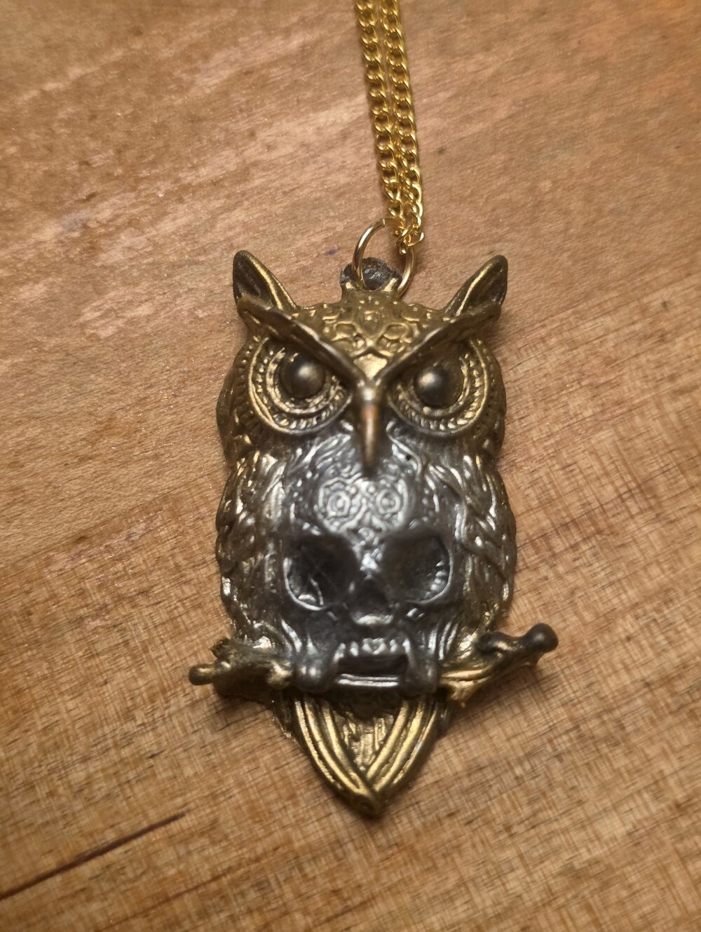 Gold & Silver Resin Owl With Skull Belly On A Gold Tone Chain Necklace